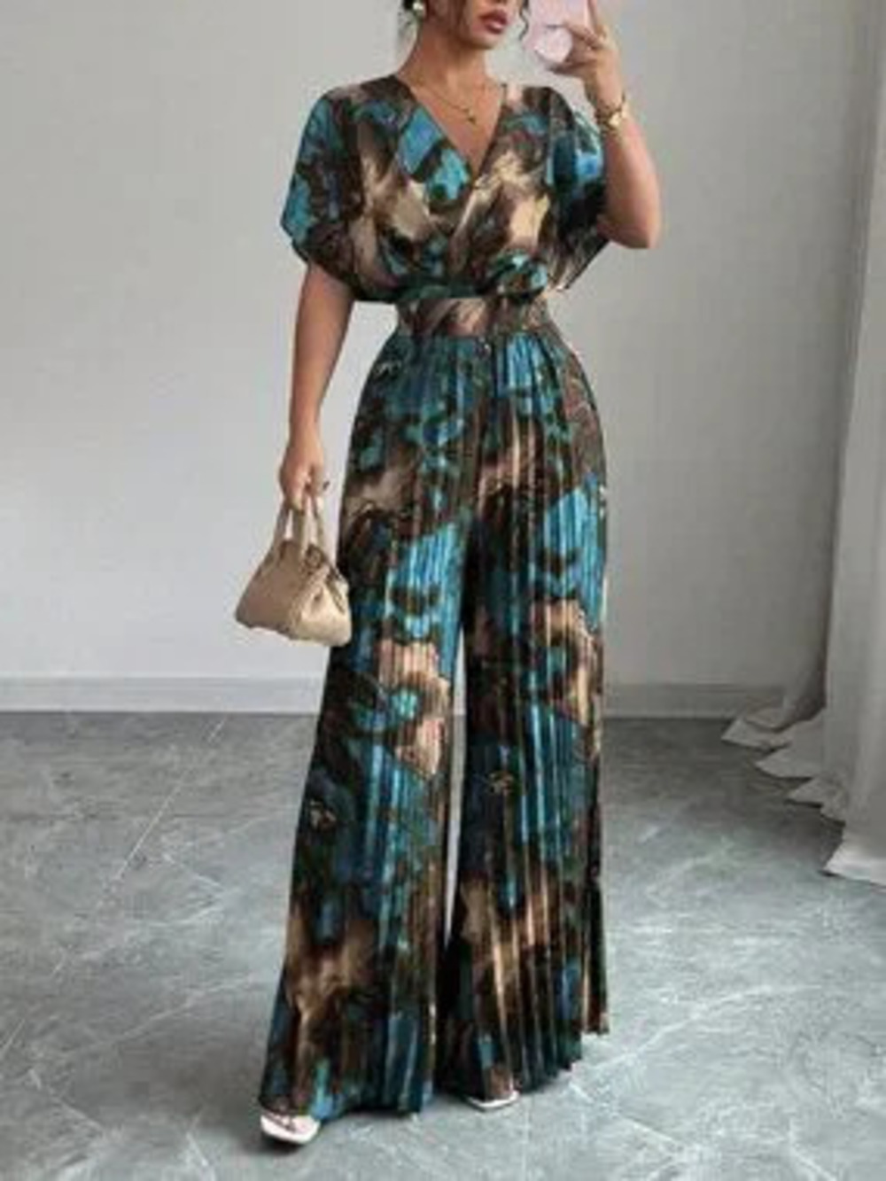 Multicolor Casual Women's Elegant Floral Print Pleated Jumpsuit